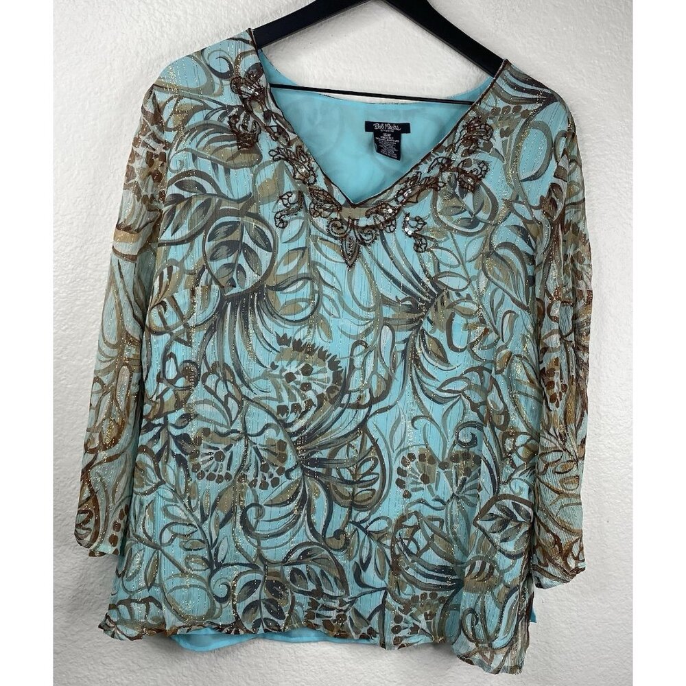 Bob Mackie Studio Top Women's Blue Sz 16W Silk 3/4 Sleeves Embellished Art